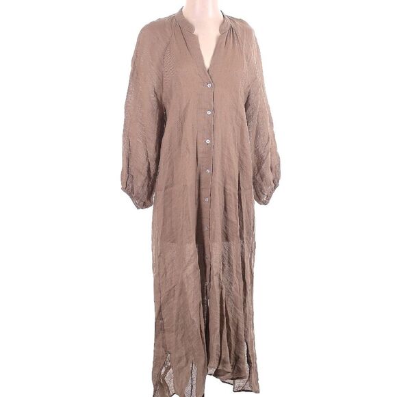 Zara 100% Linen Tan Button Front Shirt Dress with Pockets Size Small - Picture 2 of 10